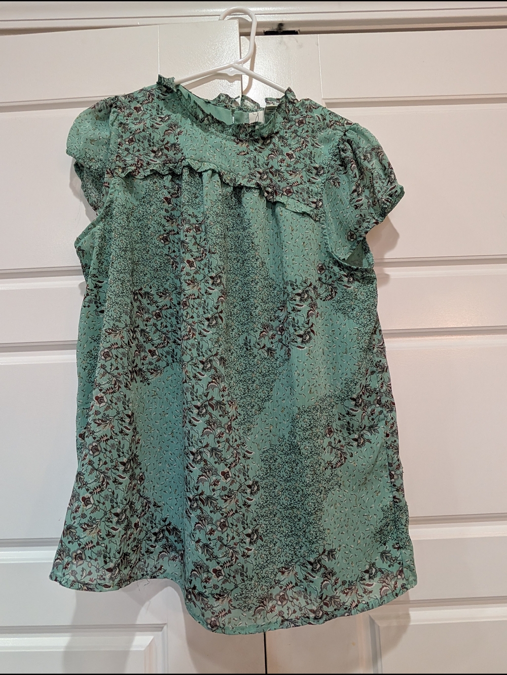 Joie Floral Chiffon Ruffle Blouse Sage Green Gold Metallic Size M